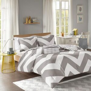 Cozy Comforter, Casual Geometric Chevron All Season Bedding Set Full/Queen Grey